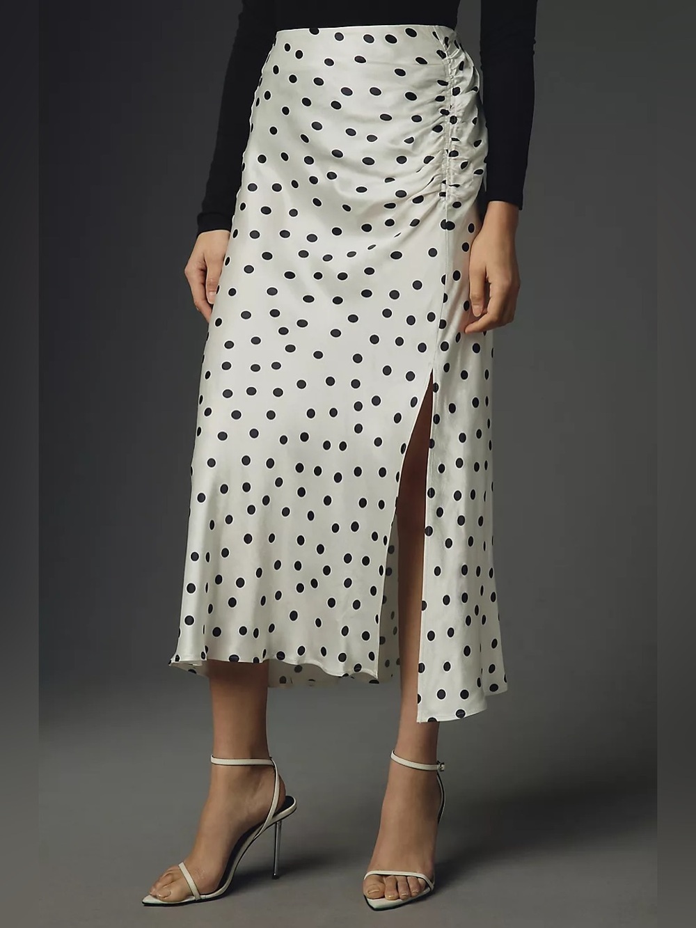Maeve Black and White Polka Dot Silk-Look Midi Skirt
